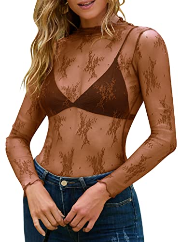 MEROKEETY Womens 2025 Mesh Sheer Long Sleeve Layering Top Sexy Y2k Mock Neck Floral Lace See Through Shirt Blouses Brown Medium