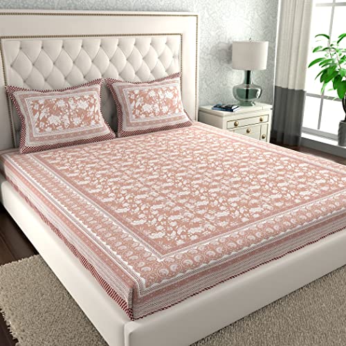 La Verne140 TC 100% Cotton King Size Jaipuri Rjasathani Print Bedsheet with 2 Pillow Covers (Peach)