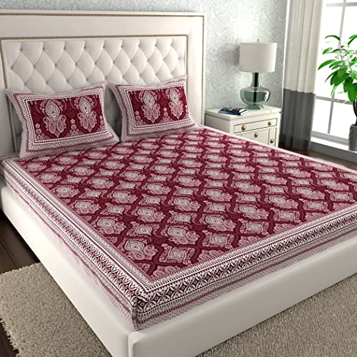 La Verne140 TC 100% Cotton King Size Jaipuri Rjasathani Print Bedsheet with 2 Pillow Covers (Maroon)