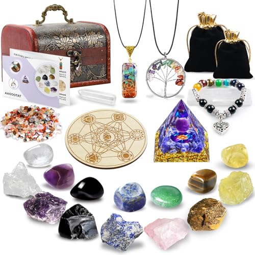 Crystals and Healing Stones, 26 Pcs Healing Crystal Set, 7 Chakra Pyramid Crystals Rocks Kits Gem Stones Real Raw Protection Reiki Spiritual Beginners with Wooden Box, Crystal Gifts Set for Women
