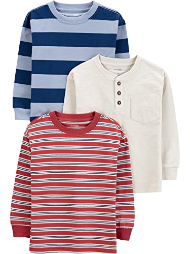 Simple Joys by Carter's Boys' 3-Pack Long Sleeve Shirts, Ivory Space Dye/Maroon Stripe/Navy Rugby Stripe, 12 Months