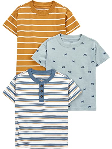 Simple Joys by Carter's Baby Boys' 3-Pack Short-Sleeve Tee Shirts, Dusty Blue/Gold Stripe/Tapestry Blue Stripe, 18 Months