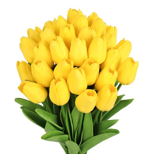 MACTING Yellow Artificial Tulip Flowers - 13.7" 30PCS Real Touch Fake PU Tulips Bouquet Faux Spring Flowers for Floral Arrangements Table Centerpiece Kitchen Home Mothers Day Easter Summer Decorations