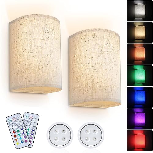 Wall Sconces Set of 2, RGB Wireless Wall lamp Lighting Decor with Fabric Shade Remote Control, RGB Wall sconces Fixtures for Bedroom Living Room, 2set