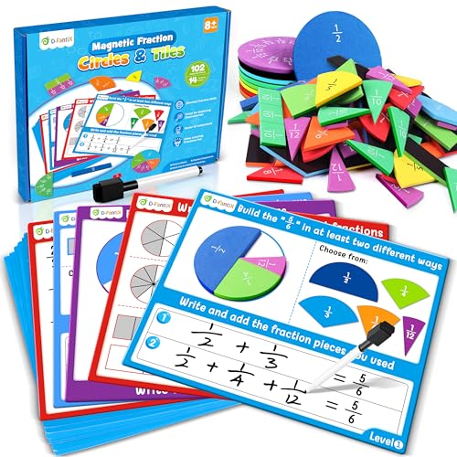 D-FantiX Magnetic Fraction Tiles & Fraction Circles Activity Set, Math Manipulatives for Elementary School, Fraction Manipulatives Montessori Learning Toys for Kids Students Homeschool Supplies