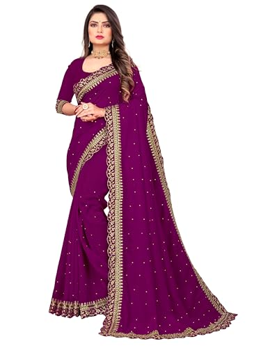 Ravish Style Women's Georgette Silk Embroidery Border Saree with Heavy Work Blouse Piece (1159-D-Magenta)