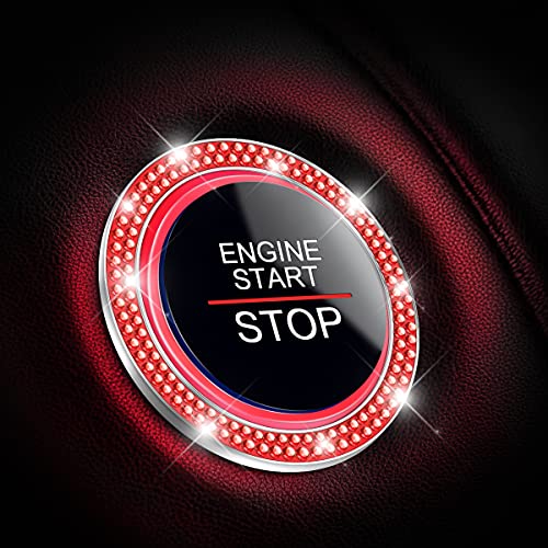 Car Bling Crystal Rhinestone Engine Start Ring Decals, 2 Pack Car Push Start Button Cover/Sticker, Key Ignition Knob Bling Ring, Sparkling Car Interior Accessories for Women (Red)