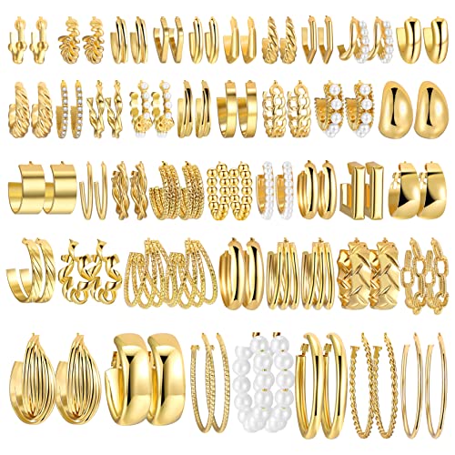 42 Pairs Gold Hoop Earrings Set for Women, Fashion Chunky Pearl Earrings Multipack Twisted Statement Earring Pack, Hypoallergenic Small Big Hoops Earring for Birthday Party Christmas Jewelry Gift