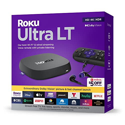Roku Ultra LT (2023) HD/4K/HDR Dolby Vision Quad-Core Streaming Player with HDMI Cable, Headphones, Voice Remote w/Private Listening, Ethernet (Renewed)