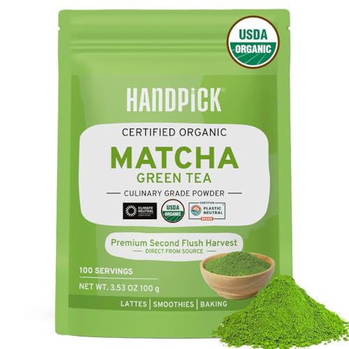HANDPICK Japanese Organic Matcha Green Tea Powder (100gm, 100 Servings) - Shade Grown for Smooth Taste | Direct From Shizuoka, Japan | Resealable Ziplock Pouch