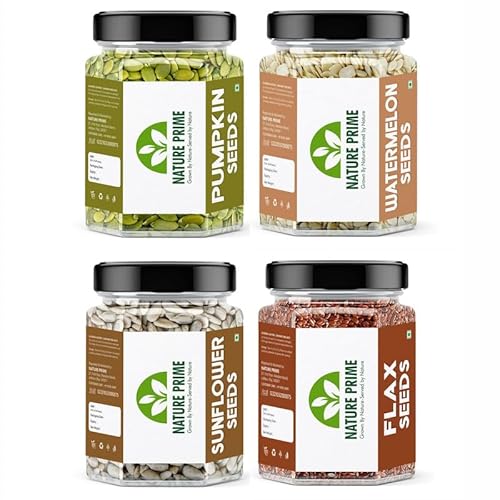 Nature Prime Raw Seeds for Eating Combo Pack - 1kg (Pumpkin Seeds, Flax Seeds, Watermelon Seeds, Sunflower Seeds - 250gm Each, Pack of 4) Jar Pack (250g*4)