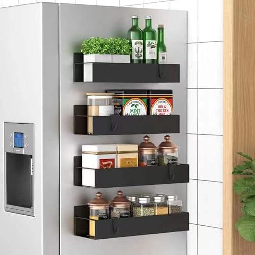HuggieGems Metal 4 Pack Magnetic Spice Storage Rack Organizer for Refrigerator and Oven, Black Fridge Organizers and Storage