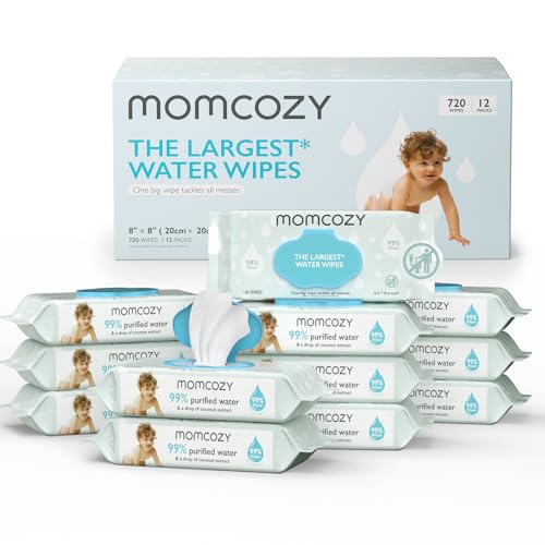 Momcozy Water Baby Wipes-Extra Large Size Design, 99% Water Based Wipes, Unscented & Hypoallergenic, Cleansing & Moisturizing Baby Wipes for Sensitive Skin, 12 Flip-Top Packs (720 Wipes Total)
