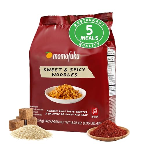 Momofuku Sweet & Spicy Ramen Noodles by David Chang, 5 Count (Pack of 1) Air-Dried Vegan Instant Noodles 11g of Plant Based Protein