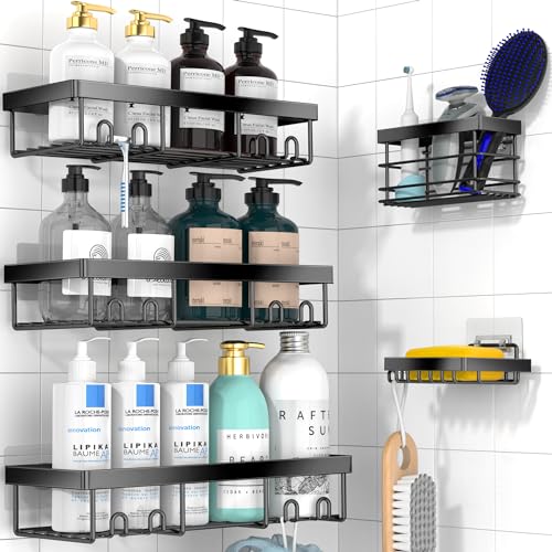 Moforoco Shower Caddy Shelf Organizer Rack, Self Adhesive Black Bathroom Shelves Basket, Home Farmhouse Wall Shower Inside Organization and Storage Decor Rv Accessories (Black, 5pack)