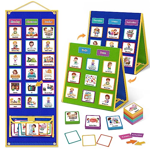 Godery Large Visual Schedule for Kids Chore Reward Chart,Bedtime Routine Chart for Toddlers,Double Side Weekly Planner Board with 109 Cards for Home School Planner,Autism Learning Materials.