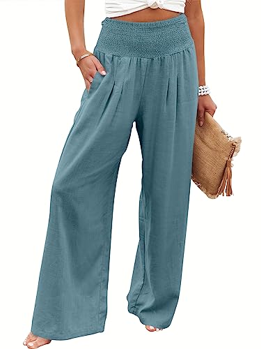 ANRABESS Women Linen Palazzo Pants Summer Boho Wide Leg High Waist Casual Lounge Pant 2025 Beach Travel Vacation Outfits Lake Large