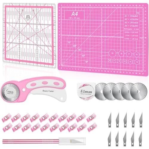 Rotary Cutter Set - Quilting Kit incl. 45mm Fabric Cutter, 5 Extra Rotary Blades, A4 Self Healing Cutting Mat, Acrylic Ruler and Sewing Clips, Craft Knife, Ideal for Crafting, Sewing, Patchworking