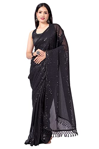 Shiv Textiles Women'ss Georgette Sequence Ready To Wear One Minute Saree With Unstitched Blouse(Free Black)