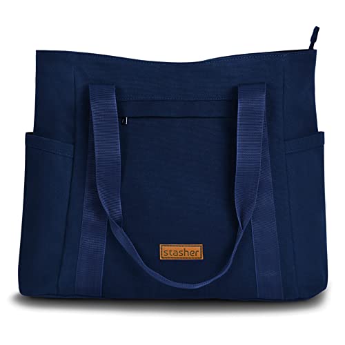 Stasher Canvas Tote Bag, Handbag, Shoulder Bag for Women and Girls - Zip Closure - Multiple Pockets - Stylish, Spacious and Fashionable - Shopping, Office and College - Chic Blue