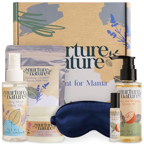 Nurture by Nature | Geschenk-Set Moment for Mama | Geschenke für Mama | Körperbutter, Duschöl, ätherisches Öl Roll on, Bitterbadesalz, Seiden-Augenmaske | Neue Mutter, Schwangerschaftsgeschenk