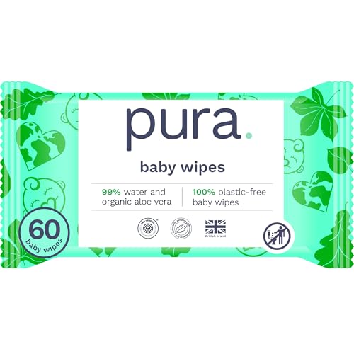 Pura Natural Sensitive Baby Wipes, 99% Water, Unscented & Hypoallergenic, Suitable for Sensitive & Eczema-prone Skin, Fragrance Free & Hypoallergenic, EWG Verified, 1 Pack of 60 Wet Wipes