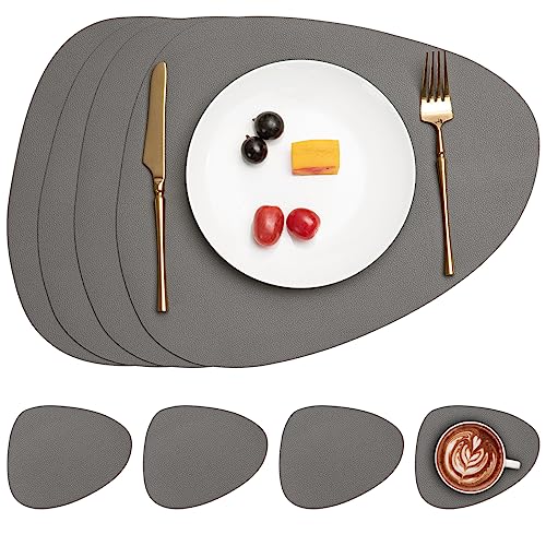 Myir JUN Tischsets Leder und Untersetzer, Tischsets Abwaschbar Rund Doppelseitigen rutschfest Platzdeckchen Leder Kunstleder Tischset Lederoptik Platzset (Grau, Satz von 4)