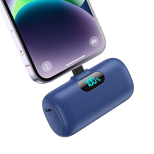 Small Portable Charger for iPhone, Upgraded 5000mAh PD Fast Charging Power Bank,Mini Plug-in Battery Pack Backup Charger Compatible with iPhone 14/14 Pro Max/13/13 Pro/12 Pro/11/XS/XR/X/8/7/6 etc-Blue