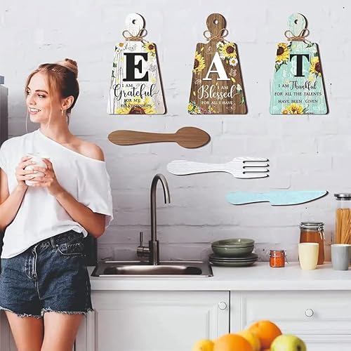4eN Eat Sign Kitchen Decoration and Wall Decor, Cutting Boards, Kitchen Decor Fork, Spoon and Knife, Rustic Home Decor, Kitchen Wall Art, Farmhouse Decor, 3D Eat Letters