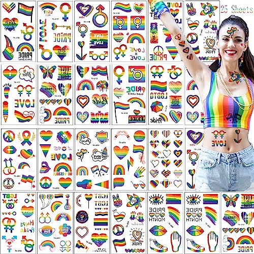 25 Sheets 200PCS Pride Temporary Tattoos,LGBTQ Gay Lesbian Rainbow Pride Tattoos,Waterproof Pride Stickers for Pride Parade Festival Party Supplies Pride Decorations