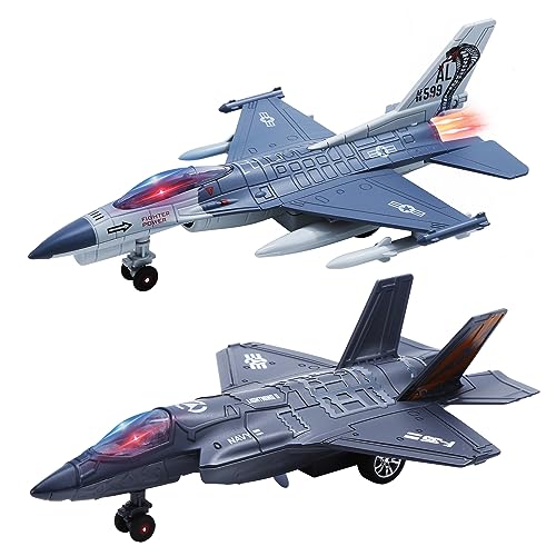 HOLYFUN 2 Packungen Spielzeug Flugzeug für Jungen mit Sound & Licht, Fighter Jet Plane Model Toys, Pull Back Diecast Plane Toys für Kinder