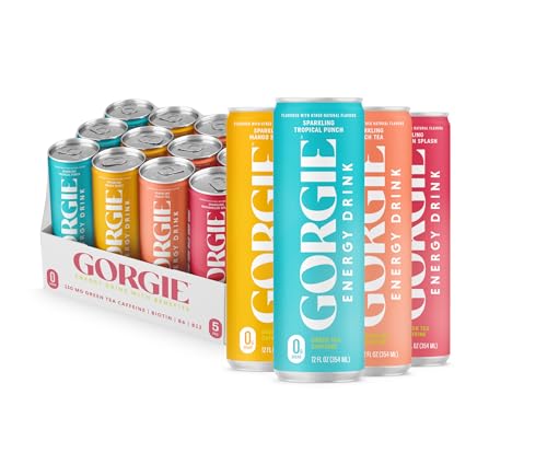 GORGIE Bestsellers Variety, Sugar-Free Natural Energy Drink Sparkling, Healthy Energy Drinks - Green Tea, Biotin, B Vitamins -150mg Caffeine, Vegan, & Low Calorie (Pack of 12)