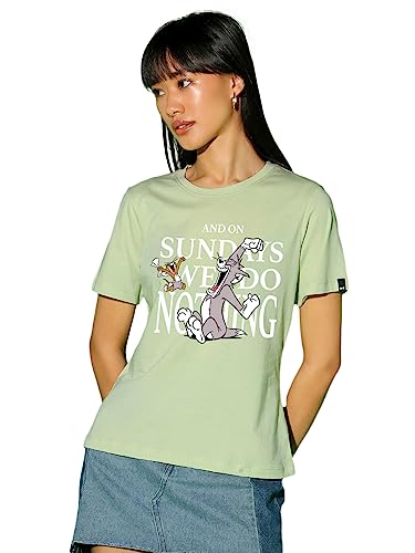 Bewakoof X Official Tom & Jerry Merchandise Women's Sundays We Do Nothing Graphic Printed Cotton T-Shirt - Regular Fit, Round Neck, Half Sleeves