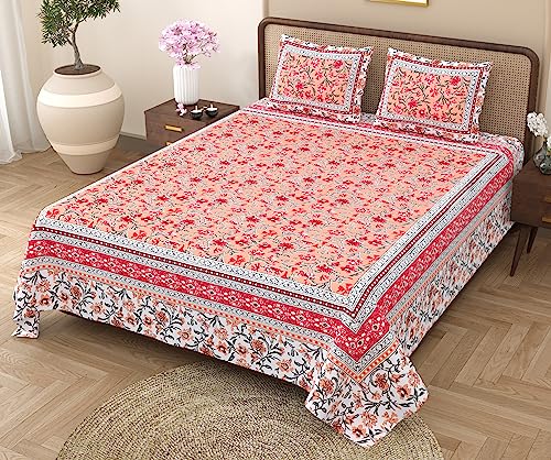 RajasthaniKart Pure Cotton 180 TC King Size BEDSHEET with 2 Pillow Cover - 90X108 (Suitable for King Size Bed Sheet or Double Bed, Orange) PSP101