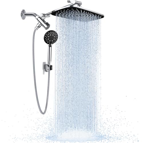Veken Wide Rain Shower Head with 6 Modes Handheld Water Spray，High Pressure Showerhead Combo with Arm for Bathroom Accessories，Home Decor Adjustable Dual Shower with Anti-Clog Nozzles,Silver Chrome