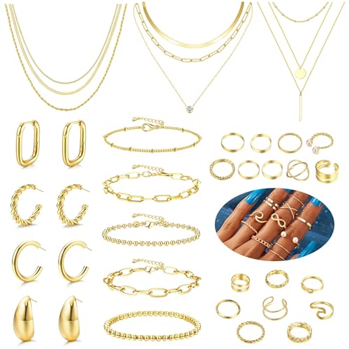 Thunaraz Gold Jewelry Sets for Women Trendy Gold Accessories Gold Necklace and Bracelet Set Gold Jewelry Pack 14K Gold Plated