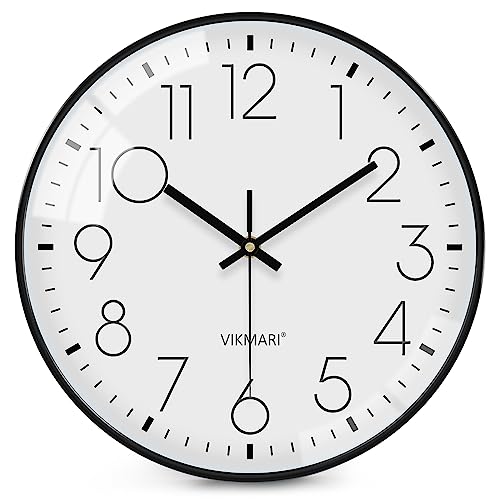 VIKMARI Wall Clock Glass with Frame Black 12 Inch Round Modern Simple Slient Non-Ticking Quartz Wall Clocks Battery Operated Easy to Read Kitchen Home Decor for Living Room,Bedroom,Office,Classroom