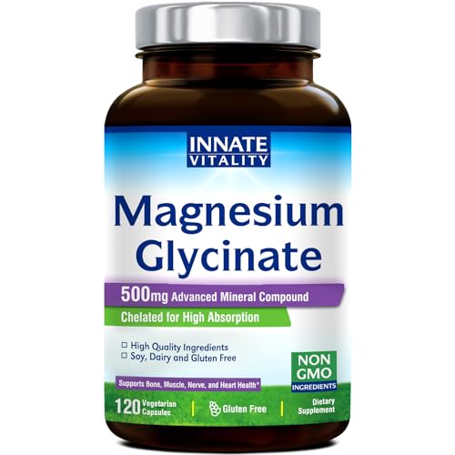 Innate Vitality Magnesium Glycinate 500mg | 70mg Elemental Magnesium Supplement- High Absorption, Non Buffered, Non-GMO & No Gluten - Nerve, Muscle, Bone Health - 120 Vegan Capsules Magnesio