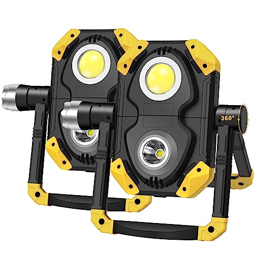 Samyoung 2 Pack Magnetic 2500 LM LED Work Light, 10 Hours Long Lasting 360°Rotating 7000K Warm Rechargeable Work Light Folding Waterproof for Job Site Car Inspection Camping Emergency