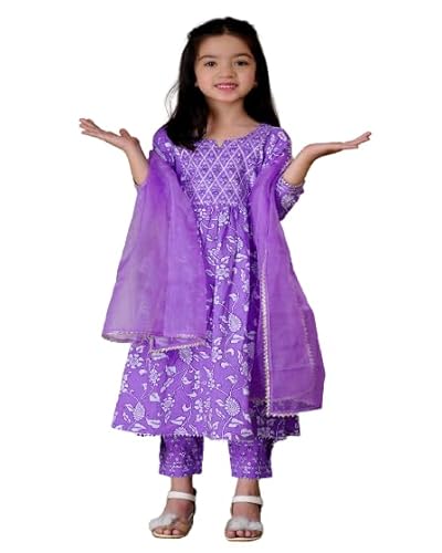 CHANDRAWAT Girls Rayon Kurta Pant Set With Dupatta (LAVENDER, 11-12 yrs)
