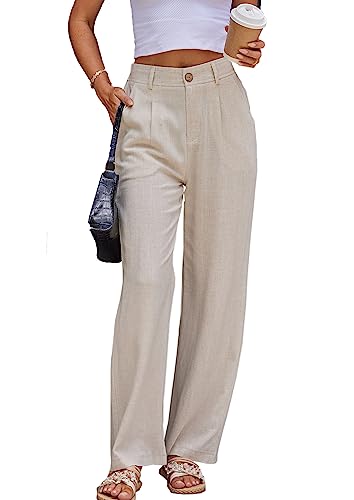 heipeiwa Women's Linen Casual High Waist Wide Leg Straight Dress Cotton Linen Pants Button Trousers