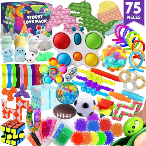 75 pcs Fidget Toys Kids Pack - Pinata Stuffers, Party Favors, Classroom Stress Relief Prizes - Treasure Chest Goody Bag with Pop its for Autistic and ADHD - Bulk Rewards Box Gifts for Boys and Girls