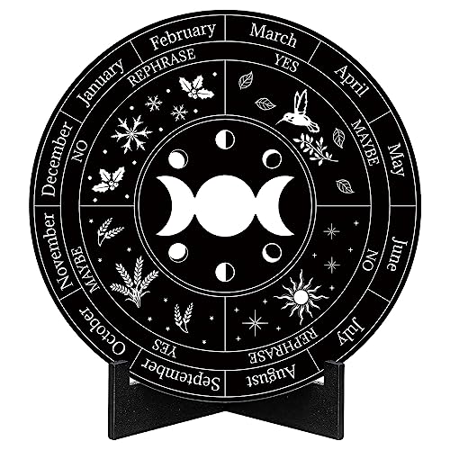 CREATCABIN Wheel of the Year Sign Pagan Decor Wicca Calendar Wiccan Holidays Altar Pendulum Board Witch Stand Moon Phase Engraved Plaque Spiritual Wooden Supplies Tools for Halloween Black 7.9 Inch