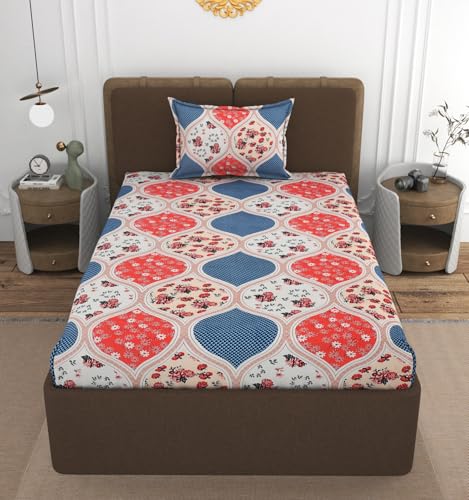 VOMZER 200 TC Elastic Fitted Bedsheets Single Bed with 1 Pillow Cover | Single Bed with All Around Elastic, Size 36 x 72 x 10 Inches (White Pink)