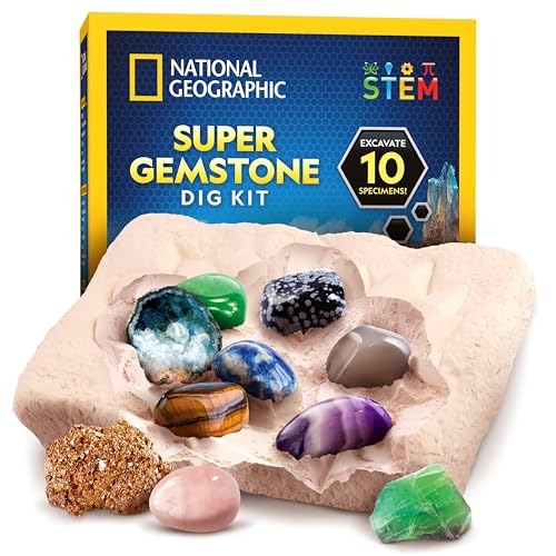 National Geographic Super Gemstone Dig Kit – Excavate 10 Real Gems and Build a Kids Rock Collection, Includes Dig Tools, Magnifying Glass, Fun Science Activity for Ages 8-12