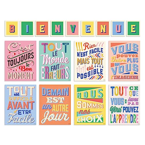 S&O 8 Classroom Posters for French Student - 9 Letters Welcome Sign for Academy- Growth Mindset Wall Art for Workshop- Cadeau Professurs en Francais - Color Prints for study area Wall Decor - 17PC