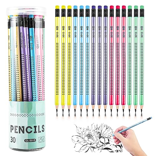 Magrimaxio 30 Stück HB Bleistifte, Holzbleistifte Set, Bleistift mit Radiergummi, Bleistifte Kinder Rutschfest, Bleistift Dreikant Mehrfarbig, Graphitstift für Schreibhilfe von Schule Büro