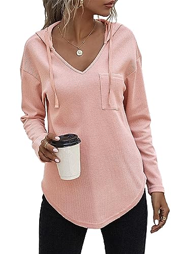 RIROW 2023 Womens Hoodie Pullover Long Sleeve Tops Waffle Knit Ladies Sweatshirts Pocket Light Pink L
