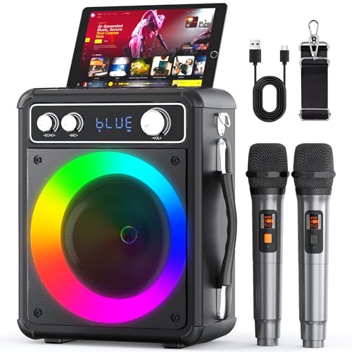 VOSOCO Karaoke Machine, Portable Bluetooth Karaoke Speaker with 2 Wireless Microphones, PA System for Adults Kids with LED Lights, Supports REC/FM/AUX/USB/TF for Home Party