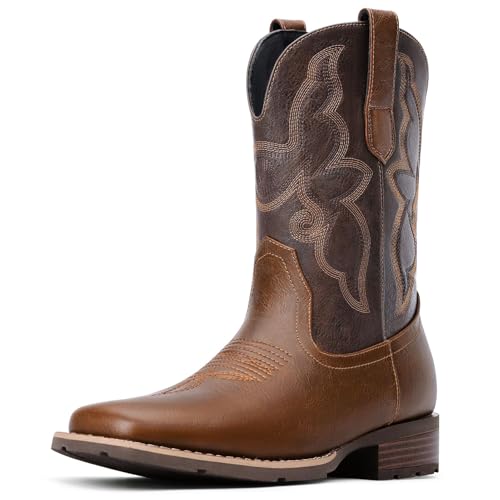 Dixhills Cowboy Boots For Men - Brown Western Boot Men's Cowboy Boots With Square Toe | Cowboy Carter Western Boot | Pull-on Boots| Old West Style Embroidered Size 10